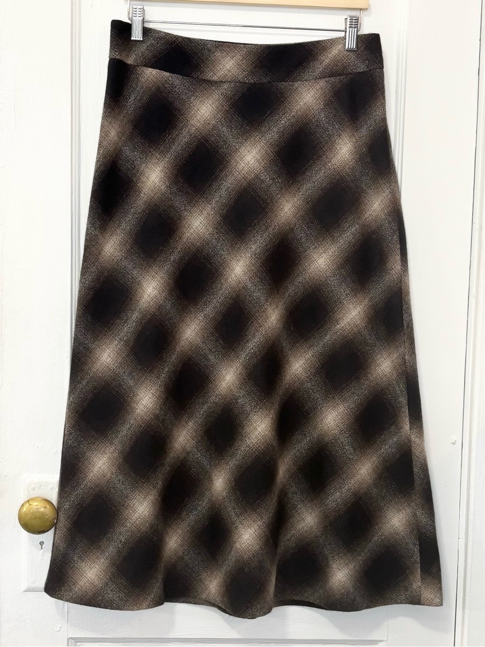 VTG Eddie Bauer Dark Brown & Beige Plaid Wool Blend A-line Midi Skirt, Size 10